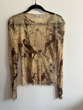 Opening Ceremony Beige & Brown Printed Long-Sleeve mesh top